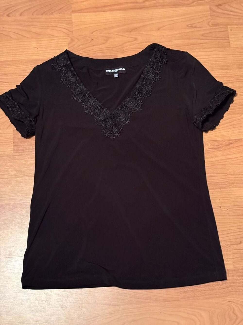 Karl Lagerfeld Paris Black Short Sleeve V-Neck Top with Floral Lace Trim